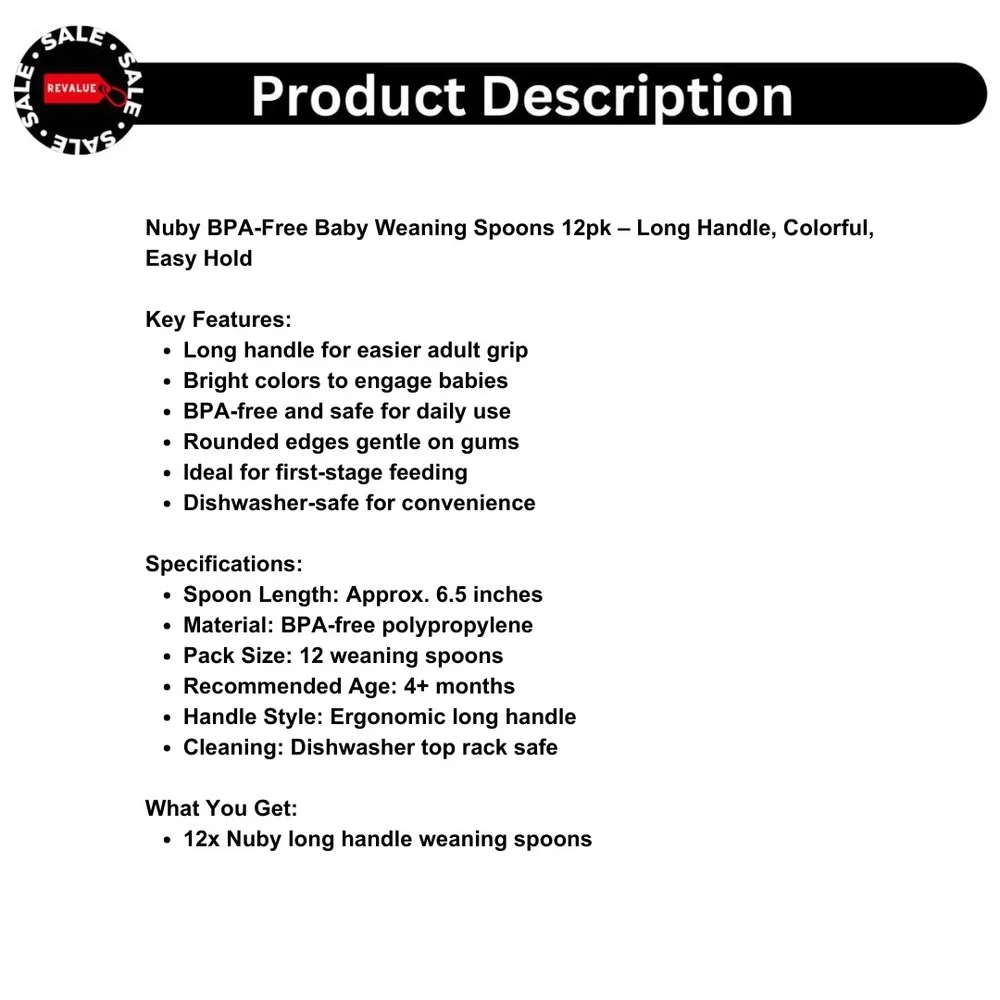 Nuby BPA-Free‎ Baby Weaning Spoons 12pk – Long Handle, Colorful, Easy Hold